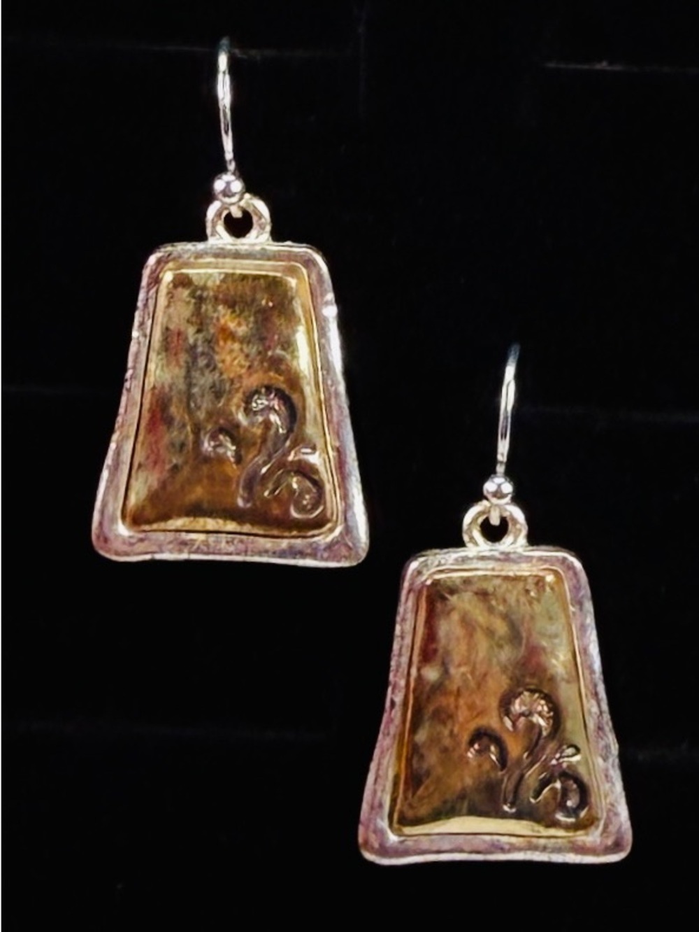 Beautiful aged silvertone weighted pierced dangle earrings